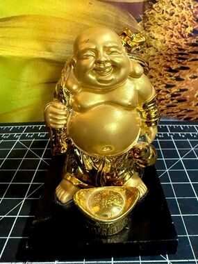 Eastern Enlightenment Golden Laughing Buddha Statue identified as Budai or Hotei